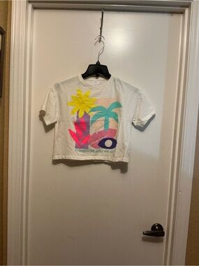 Zara White Crop Tee with Bright Tropical Graphic